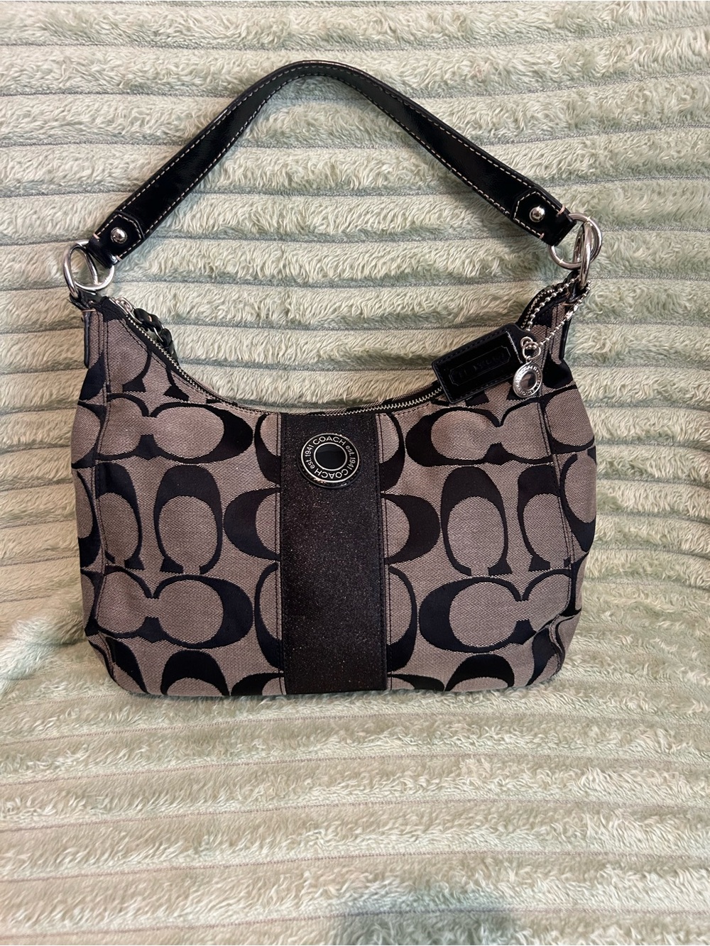 Coach Signature Stripe Hobo Shoulder Bag Brown Black Jacquard Patent Leather